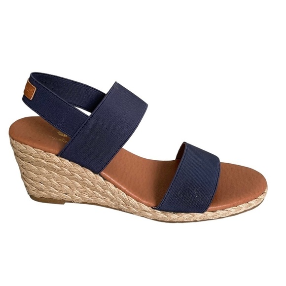 TOMMY BAHAMA Elastic Wedge Espadrilles Sandals Blue Tan 9 - Picture 1 of 10